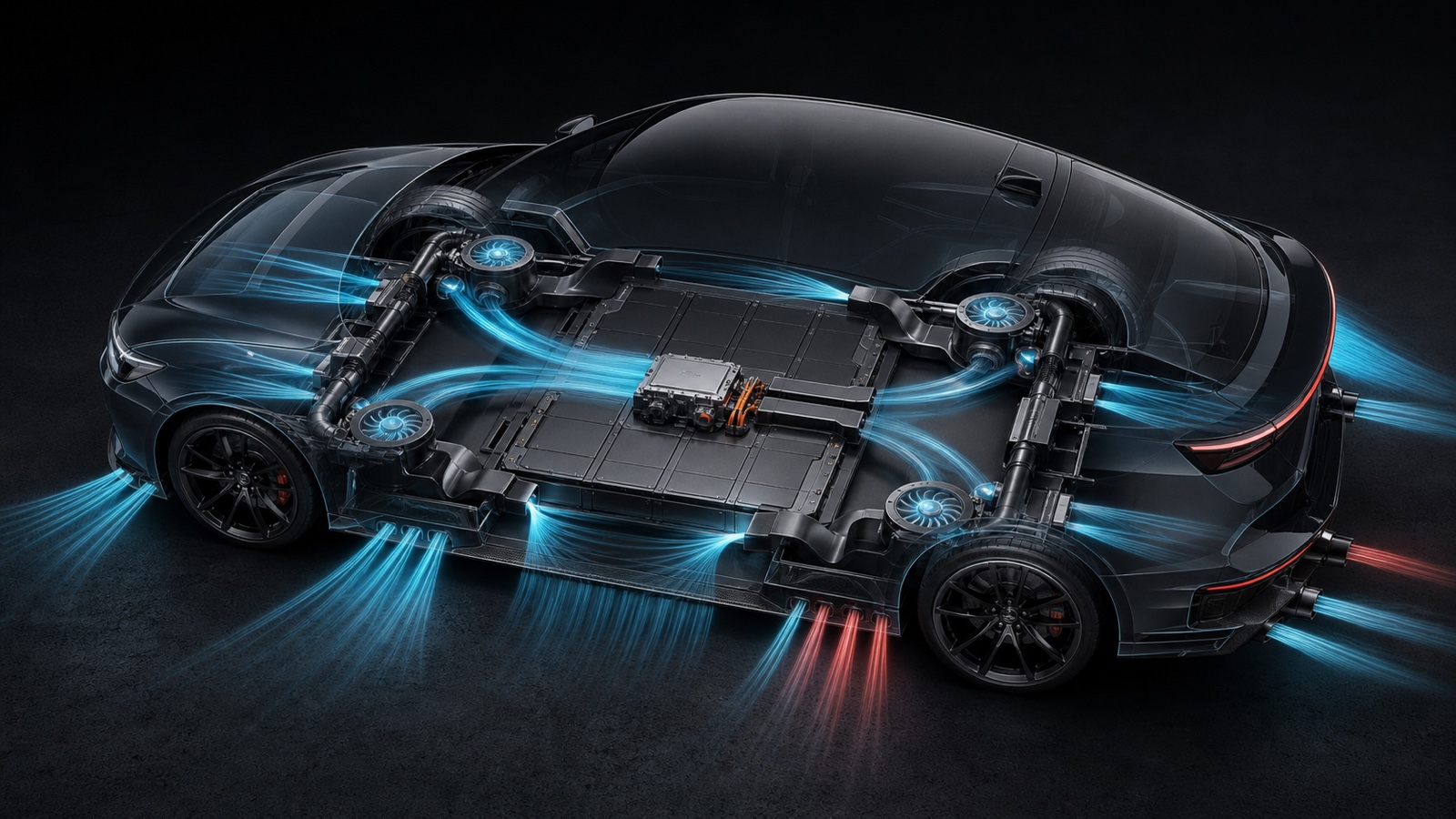 Cutaway view of an EV with an underbody plenum, fans, ducts, and directional outlets