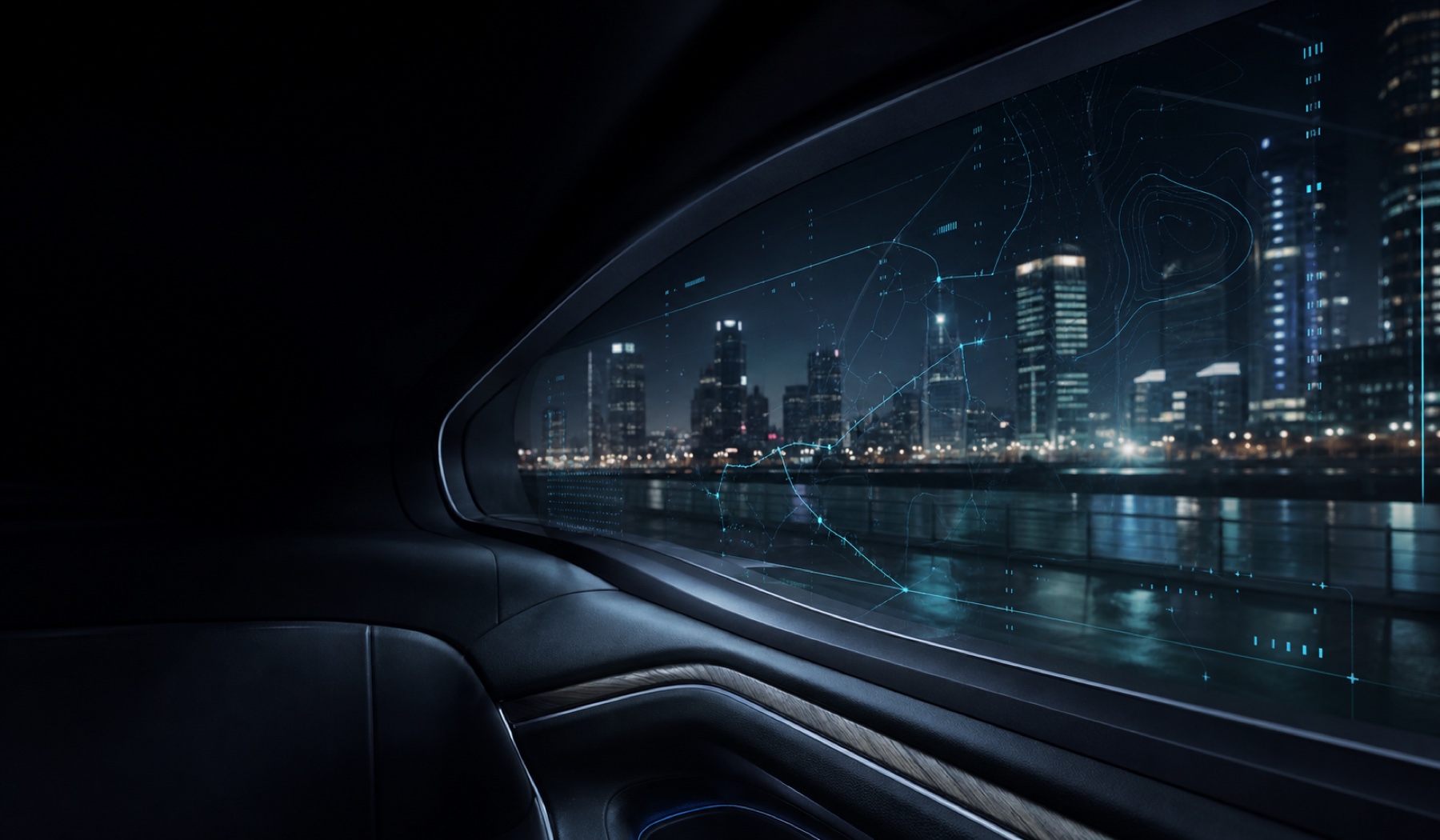 Transparent vehicle glass displaying information over a city view