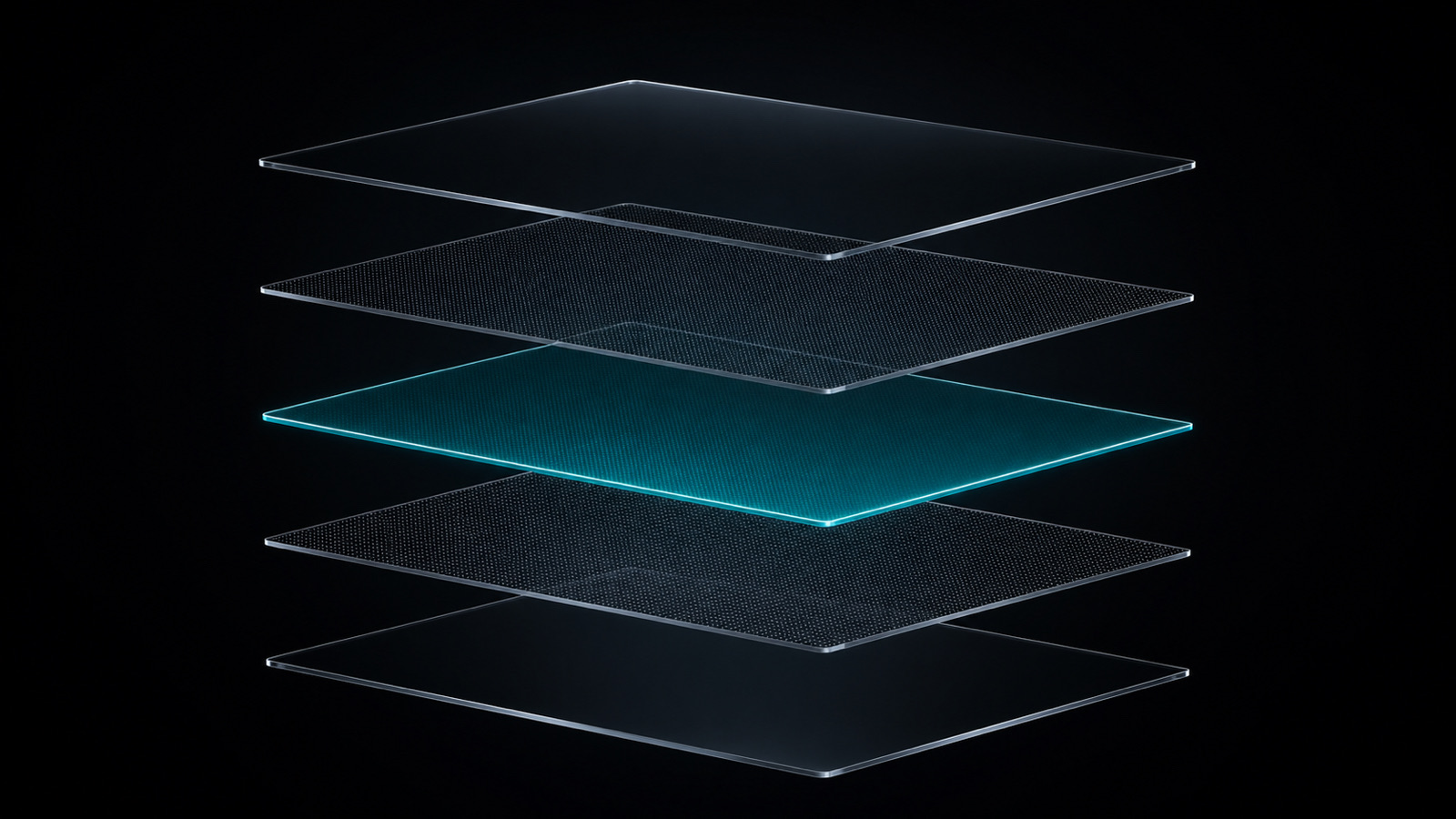 Exploded technical view of two transparent displays around a central transparency control layer