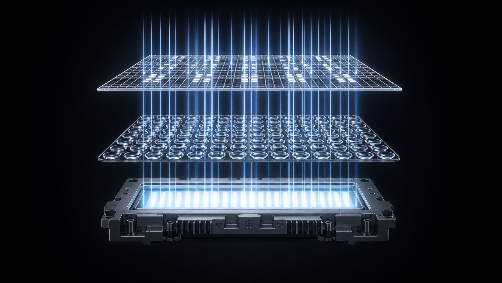 Exploded optical stack showing a transparent display, micro lens array, and high-intensity light module
